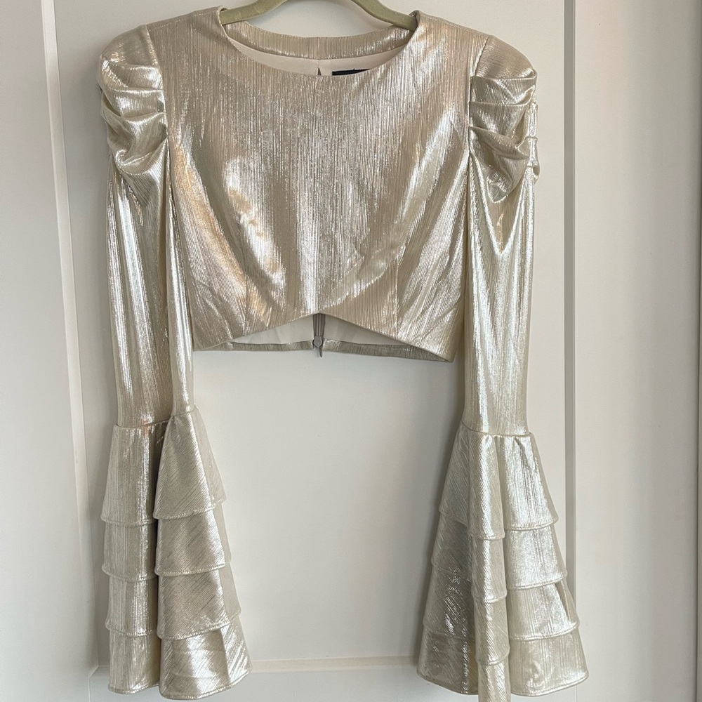 RETROFETE/ Revolve Crop Top XS - Crop Bell Sleeve Shimmer metallic Top. NWT $375 - Picture 3 of 7